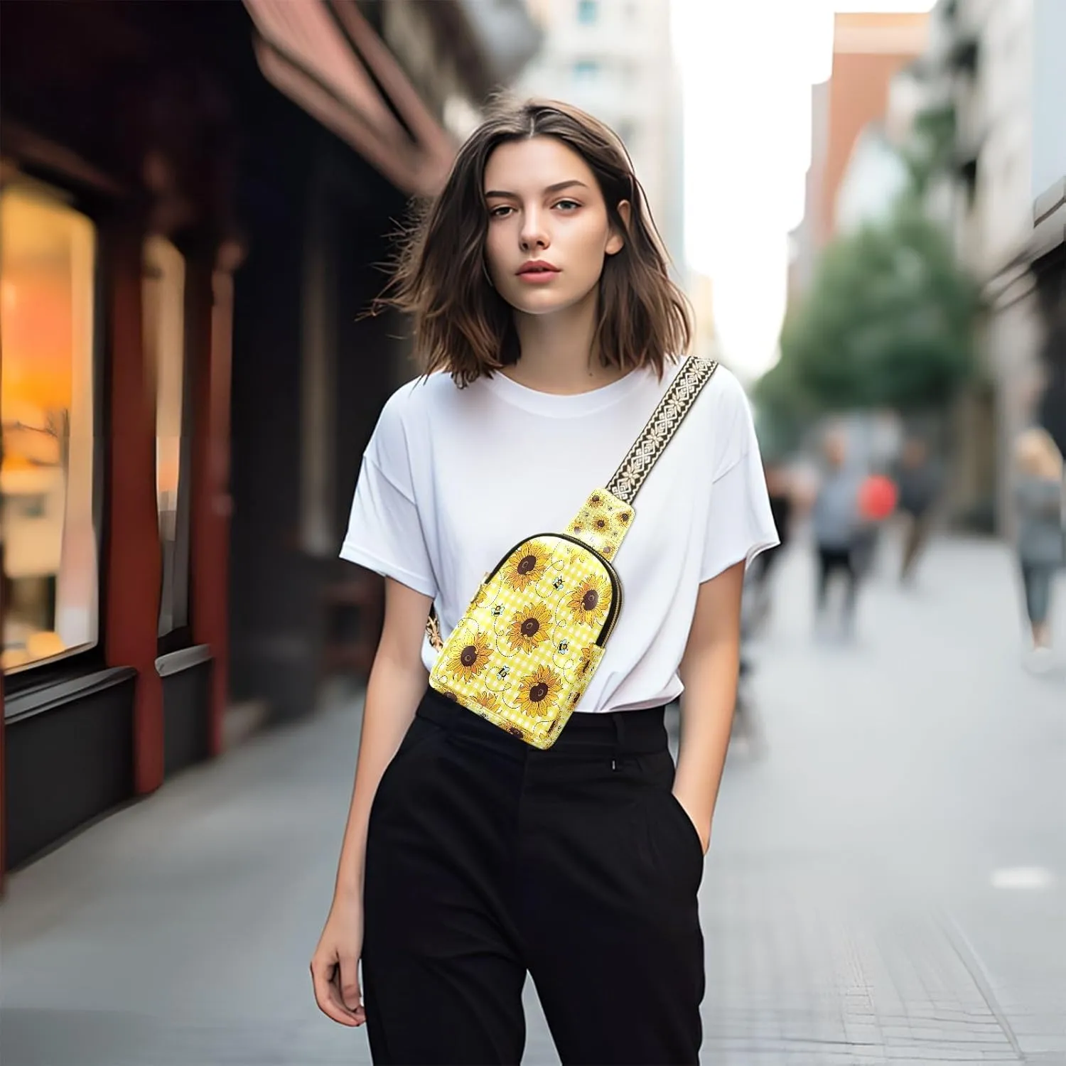 Small Sling Bag for Women Cute Bees Sunflowers Trendy Crossbody Bag Fashion Waist Packs Yellow Plaid Leather Chest Bag for Women Fanny Pack Travel Outdoor Outfit
