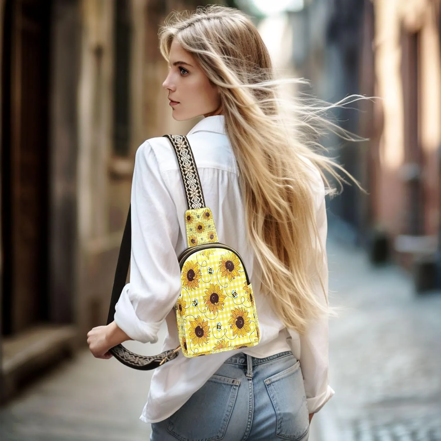 Small Sling Bag for Women Cute Bees Sunflowers Trendy Crossbody Bag Fashion Waist Packs Yellow Plaid Leather Chest Bag for Women Fanny Pack Travel Outdoor Outfit