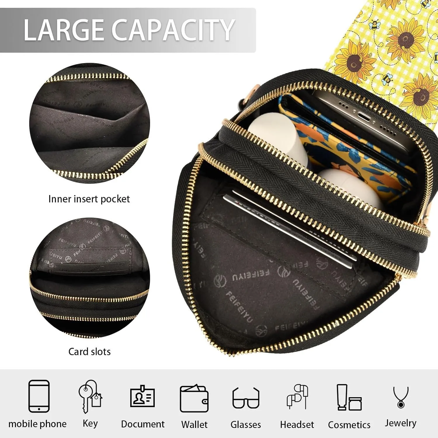 Small Sling Bag for Women Cute Bees Sunflowers Trendy Crossbody Bag Fashion Waist Packs Yellow Plaid Leather Chest Bag for Women Fanny Pack Travel Outdoor Outfit