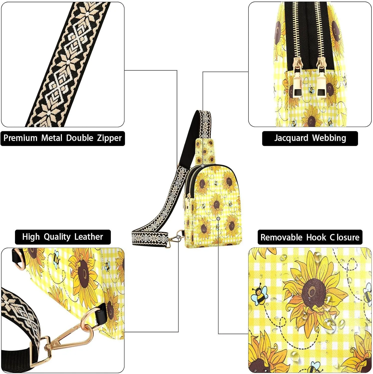 Small Sling Bag for Women Cute Bees Sunflowers Trendy Crossbody Bag Fashion Waist Packs Yellow Plaid Leather Chest Bag for Women Fanny Pack Travel Outdoor Outfit