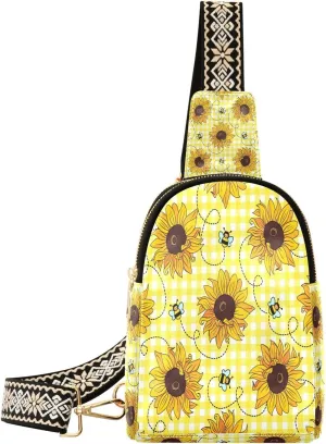 Small Sling Bag for Women Cute Bees Sunflowers Trendy Crossbody Bag Fashion Waist Packs Yellow Plaid Leather Chest Bag for Women Fanny Pack Travel Outdoor Outfit