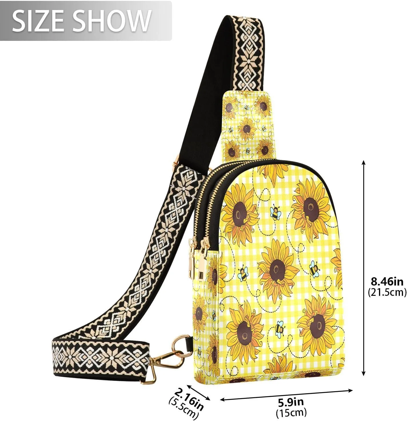 Small Sling Bag for Women Cute Bees Sunflowers Trendy Crossbody Bag Fashion Waist Packs Yellow Plaid Leather Chest Bag for Women Fanny Pack Travel Outdoor Outfit