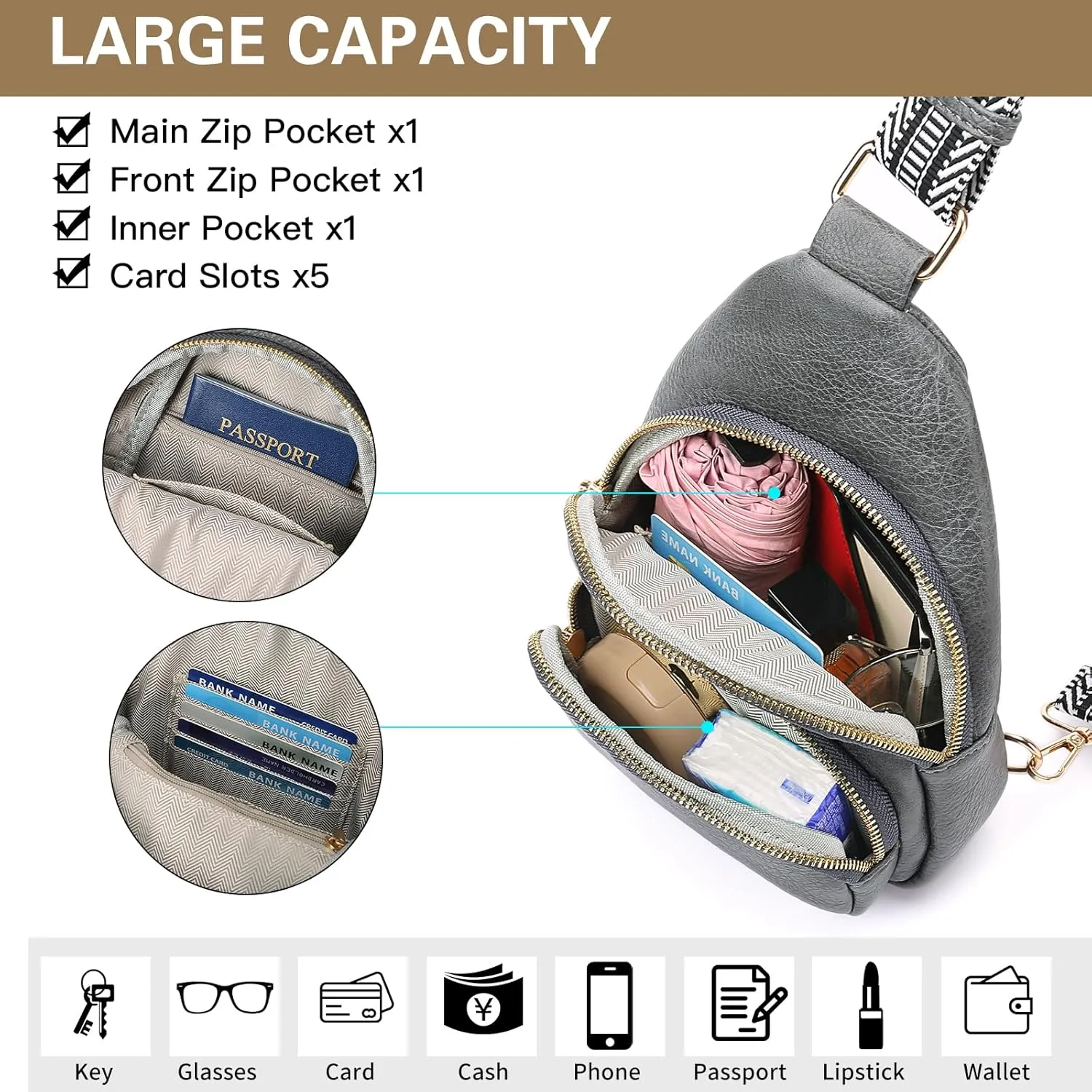 Small Sling Bag for Women, Vegan Leather Crossbody Fanny Packs Chest Bag With Guitar Strap