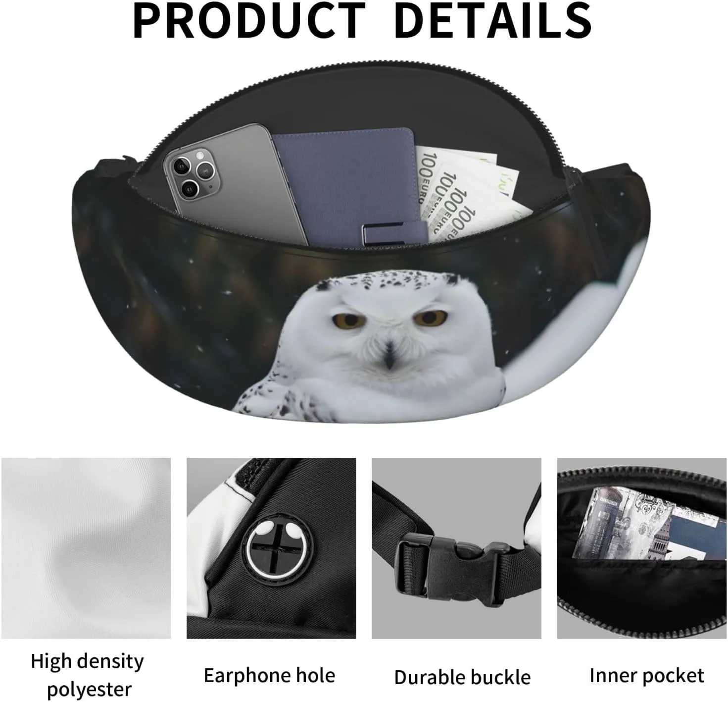 Snow Owl Fanny Pack for Man Women Waist Bag Adjustable Belt Casual Chest Bag Bum Bags for Travel Sports Running Hiking Waist Packs