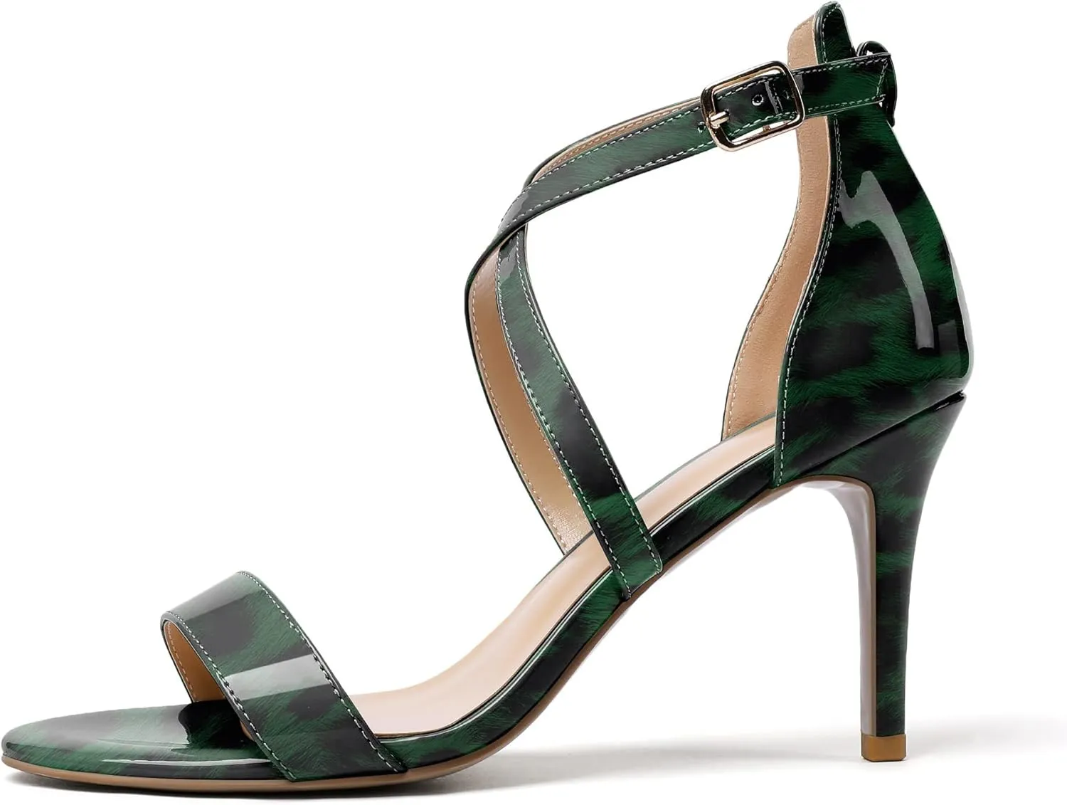 Soireelady Women's Heeled Sandals Open Toe Crisscross Ankle Strip 3.4 Inch Patent Geliter Wedding Dressy Shoes