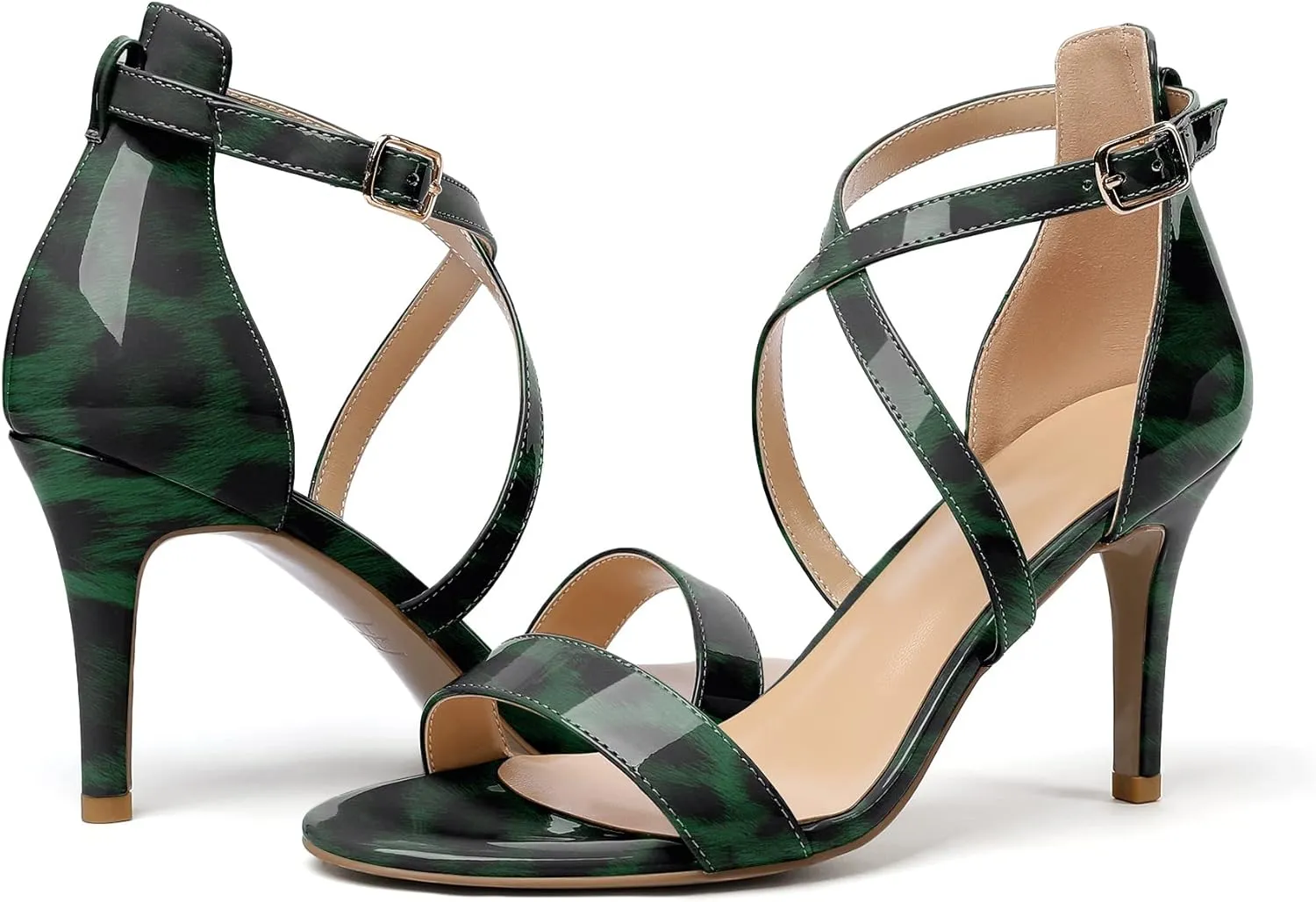 Soireelady Women's Heeled Sandals Open Toe Crisscross Ankle Strip 3.4 Inch Patent Geliter Wedding Dressy Shoes