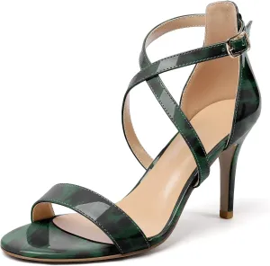 Soireelady Women's Heeled Sandals Open Toe Crisscross Ankle Strip 3.4 Inch Patent Geliter Wedding Dressy Shoes