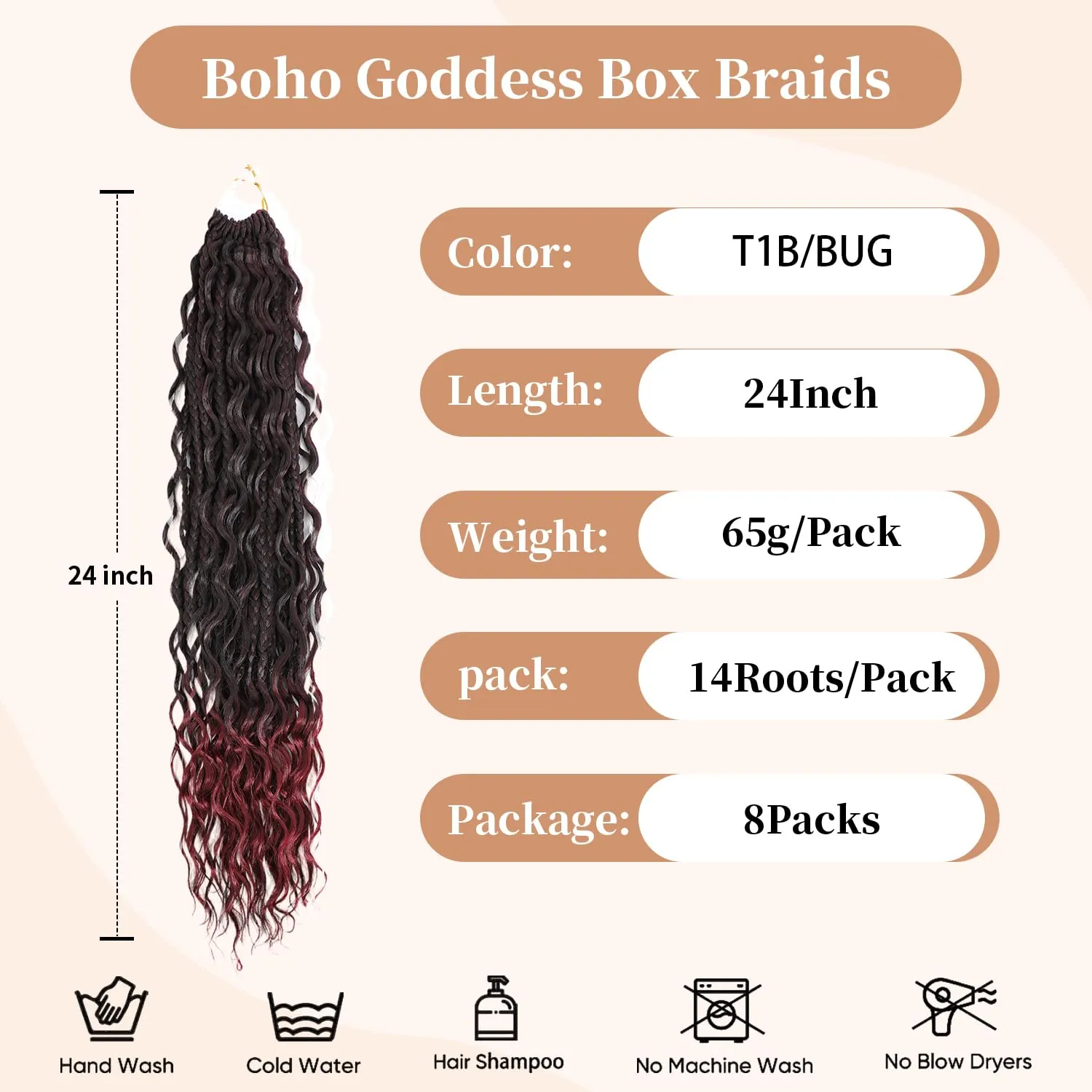 SOKU Goddess Box Braids Crochet Hair 24 Inch - 8 Packs Ombre Burgundy Boho Bohemian Box River Braids Pre-looped Synthetic Braiding Hair Extensions with Curly Ends for Women (24 Inch, T1B/BUG)