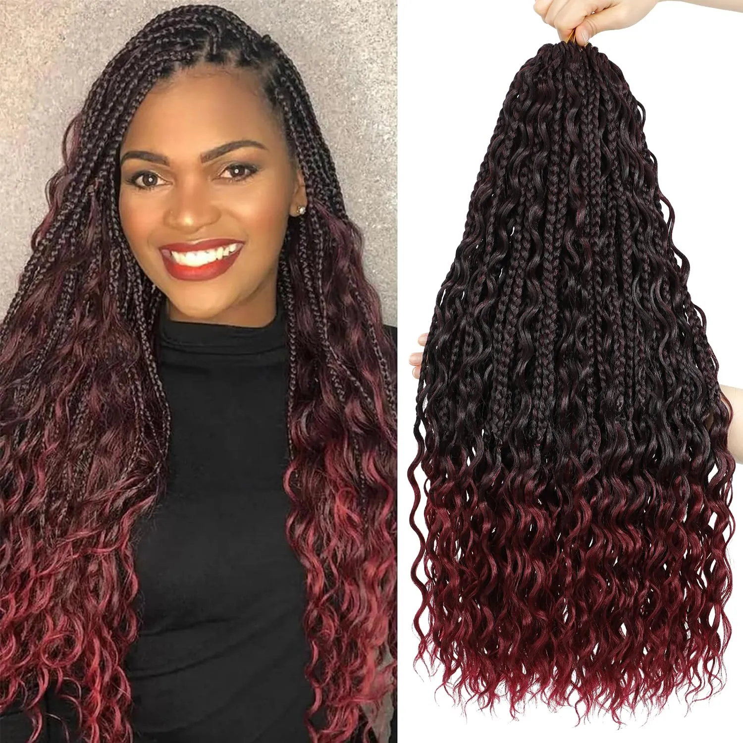 SOKU Goddess Box Braids Crochet Hair 24 Inch - 8 Packs Ombre Burgundy Boho Bohemian Box River Braids Pre-looped Synthetic Braiding Hair Extensions with Curly Ends for Women (24 Inch, T1B/BUG)