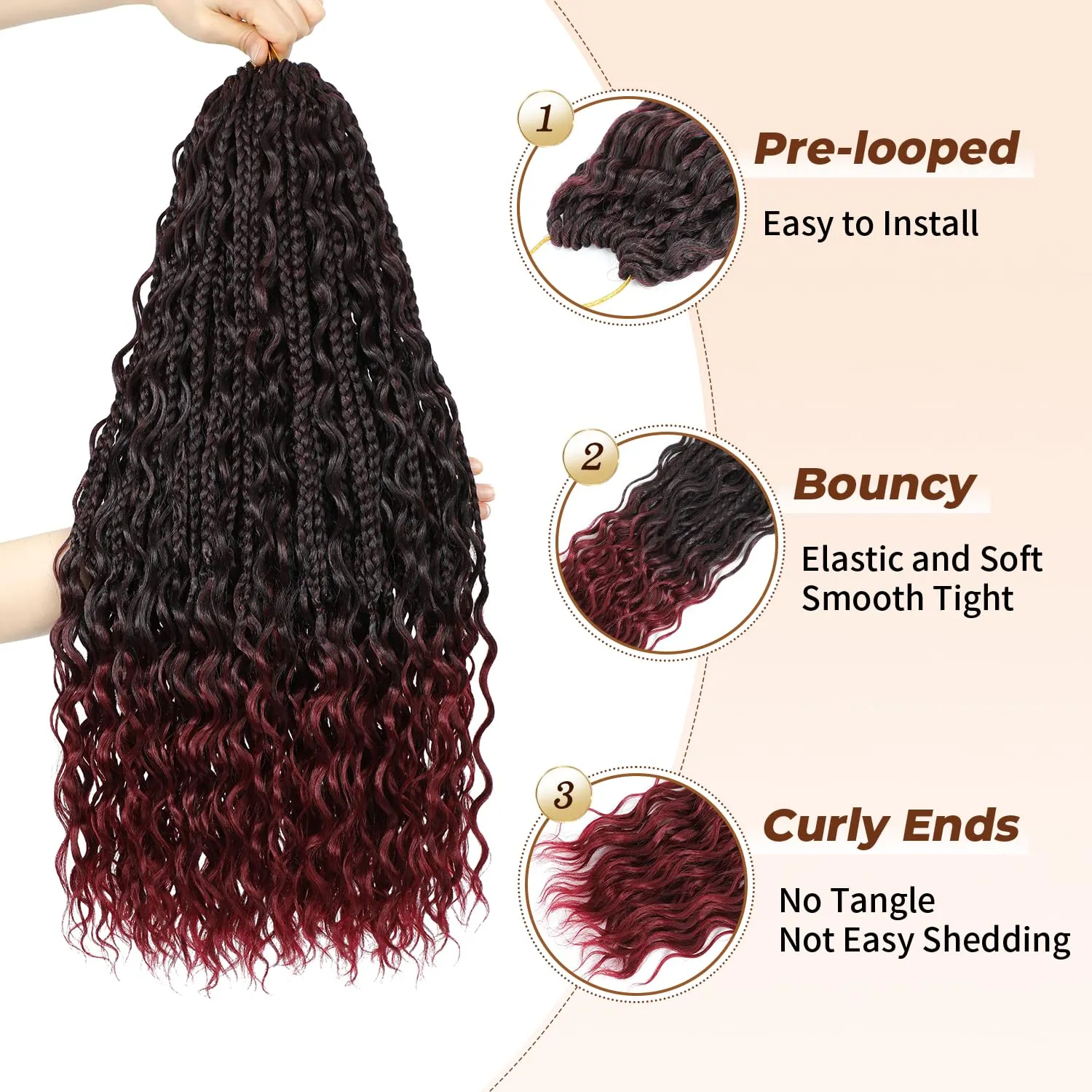 SOKU Goddess Box Braids Crochet Hair 24 Inch - 8 Packs Ombre Burgundy Boho Bohemian Box River Braids Pre-looped Synthetic Braiding Hair Extensions with Curly Ends for Women (24 Inch, T1B/BUG)