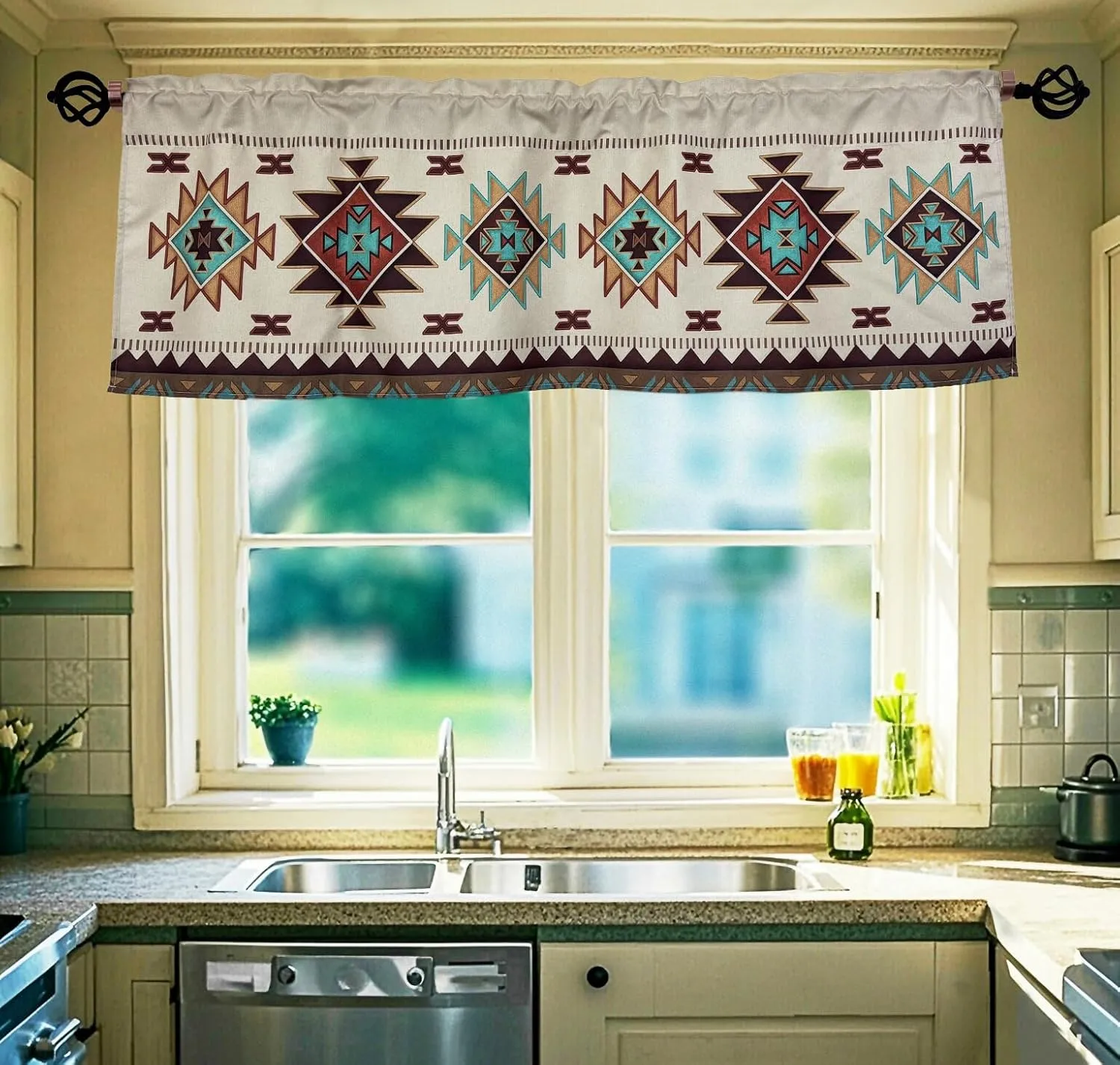 Southwest Tribal Navajo Aztec Fancy Abstract Geometric Ethnic Hipster Design Window Décor Curtain Valance Decorative Rod Pocket 52 X 16 Inches