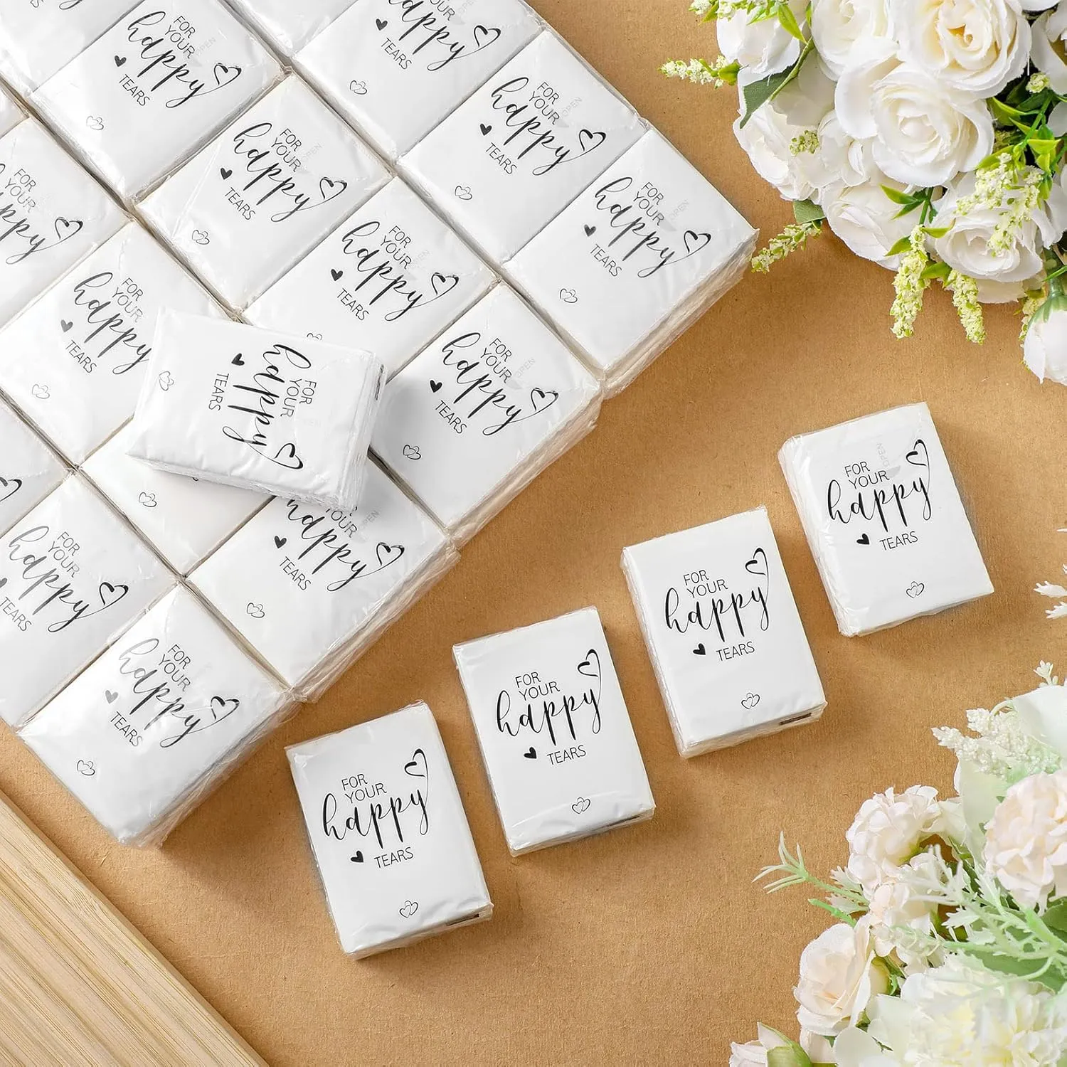 Spiareal 50 Pcs Happy Tears Tissues Packs Facial Tissues Items for Guests Welcome Bags Pocket Paper 3 Ply Individual Mini Travel Size Bulk for Wedding Party Favor Ceremony Graduation(Classic)