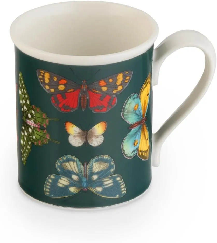 Spode Botanic Garden Harmony 14 oz Tankard Mug, Assorted Butterflies - Embossed Earthenware Coffee Cup, Dishwasher & Microwave Safe - Botanical Tea Cup for Spring Tableware (Green)