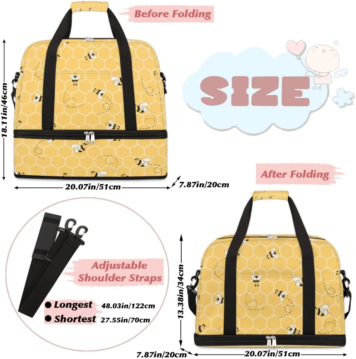 Sports Gym Duffel With Geometric Animal Bees Pattern - Travel Bag With Shoes Compartment, Waterproof Overnight, Workout Weekender for Boys Girls - Yoga Dance Tote for Women Men