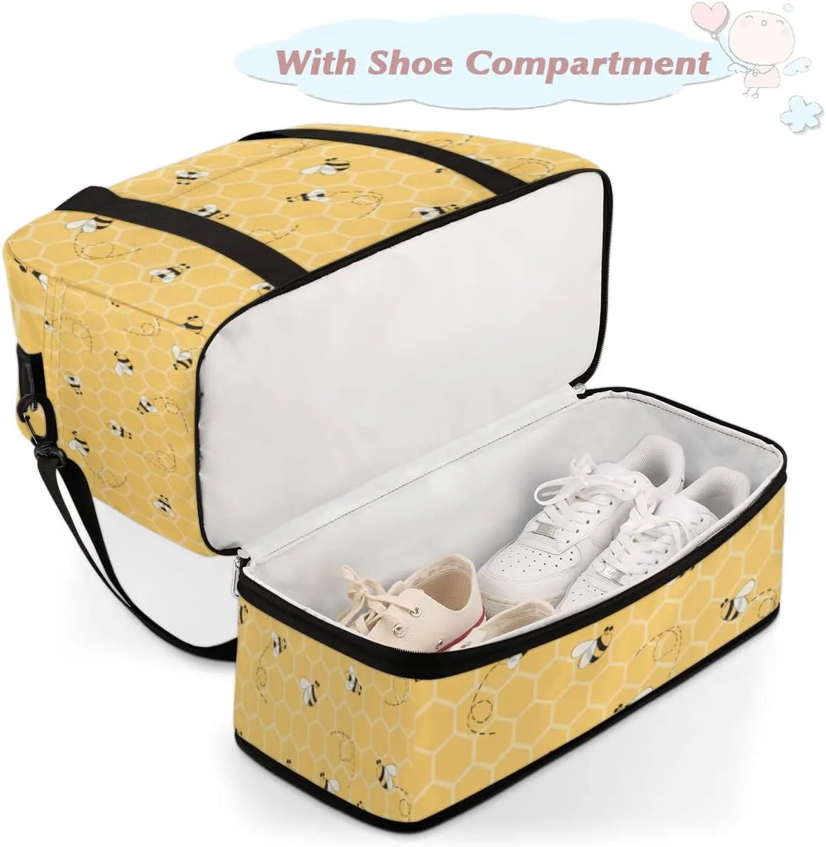 Sports Gym Duffel With Geometric Animal Bees Pattern - Travel Bag With Shoes Compartment, Waterproof Overnight, Workout Weekender for Boys Girls - Yoga Dance Tote for Women Men