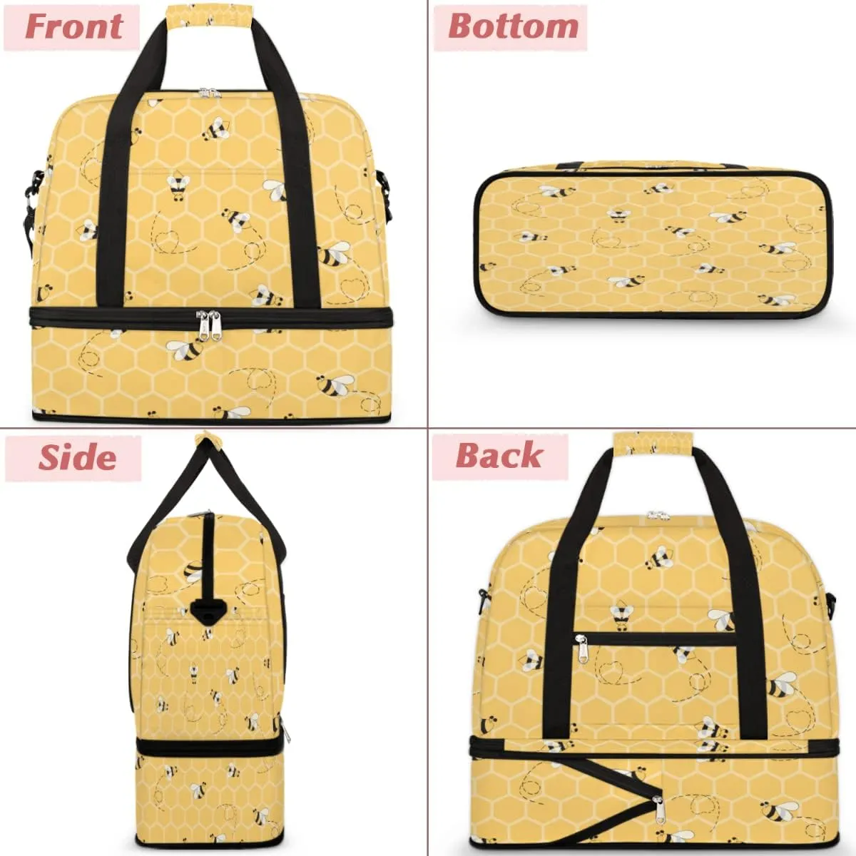 Sports Gym Duffel With Geometric Animal Bees Pattern - Travel Bag With Shoes Compartment, Waterproof Overnight, Workout Weekender for Boys Girls - Yoga Dance Tote for Women Men