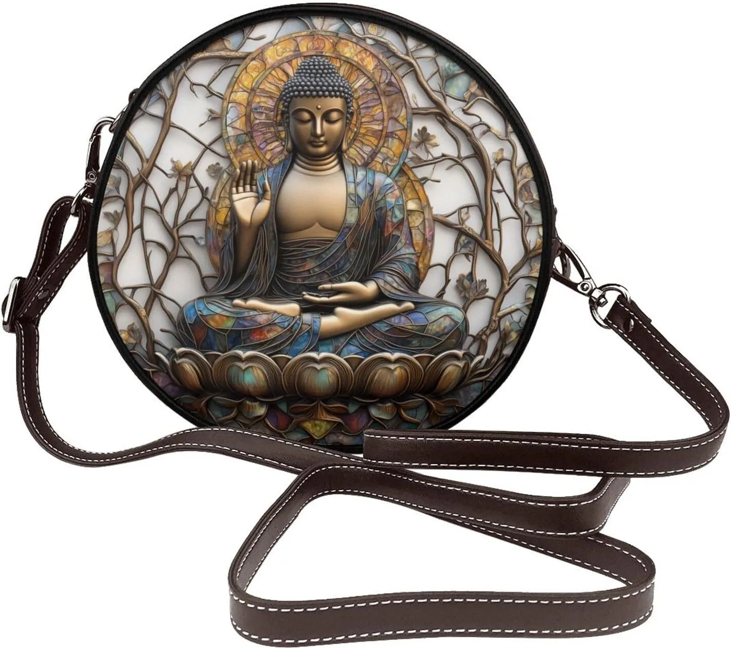 Stained Glass Buddha Statue Sitting On Lotus Seat Women Round Crossbody Bags Leather Sling Bag Purse