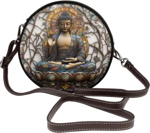 Stained Glass Buddha Statue Sitting On Lotus Seat Women Round Crossbody Bags Leather Sling Bag Purse