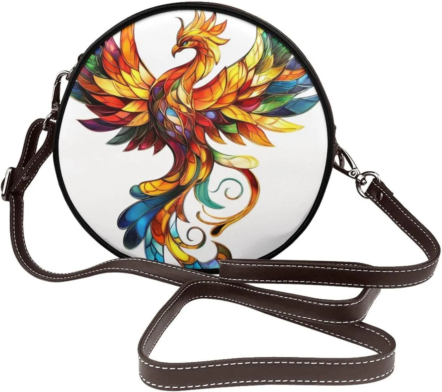 Stained Glass Colorful Phoenix Women Round Crossbody Bags Leather Sling Bag Purse