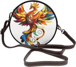 Stained Glass Colorful Phoenix Women Round Crossbody Bags Leather Sling Bag Purse