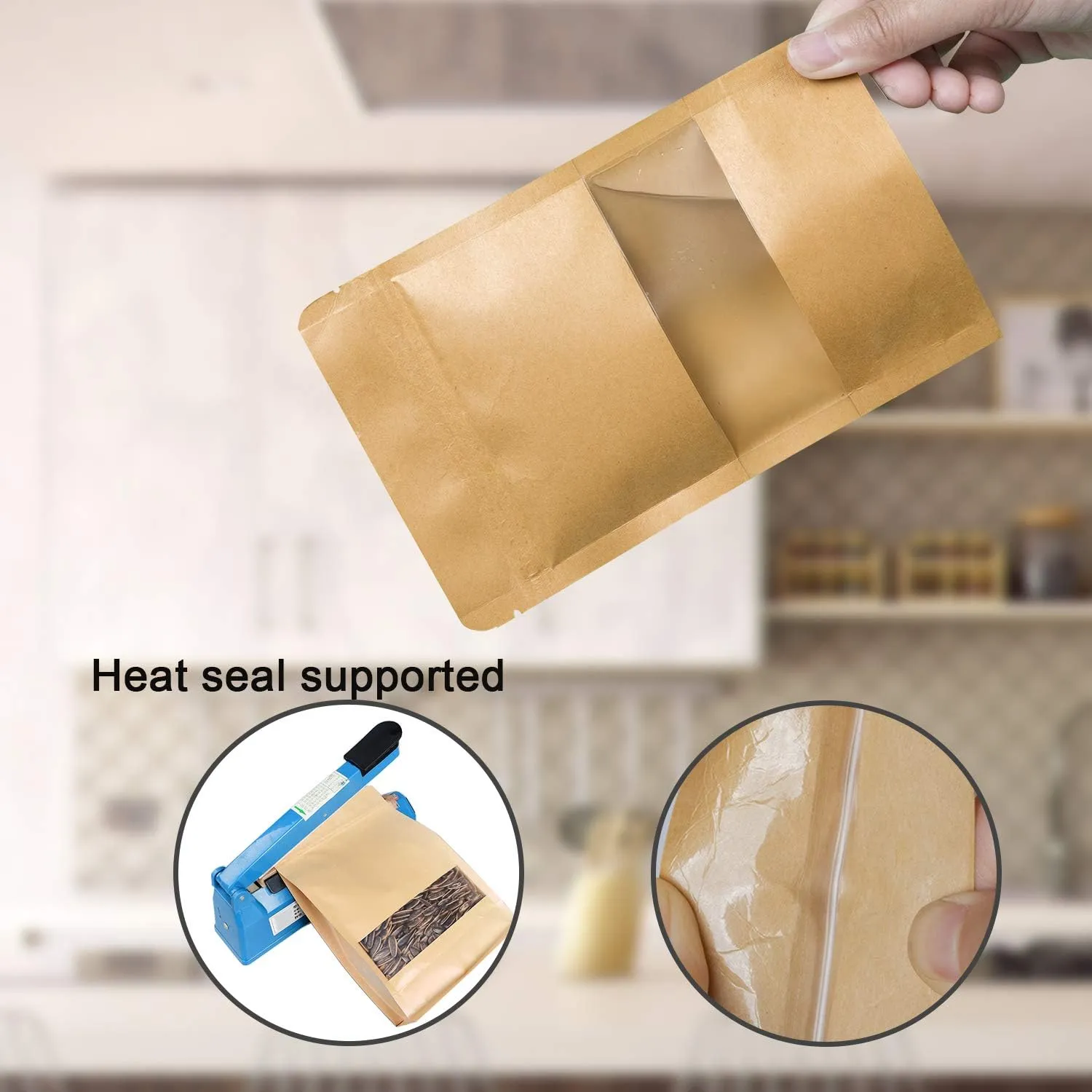 Stand Up Kraft Pouch Bags, Reusable Zip Lock Sealing & Notch Matte Transparent Window Bags, Resealable Zip Lock Food Storage Bag,11x7   3.14 Inches, Pack of 50