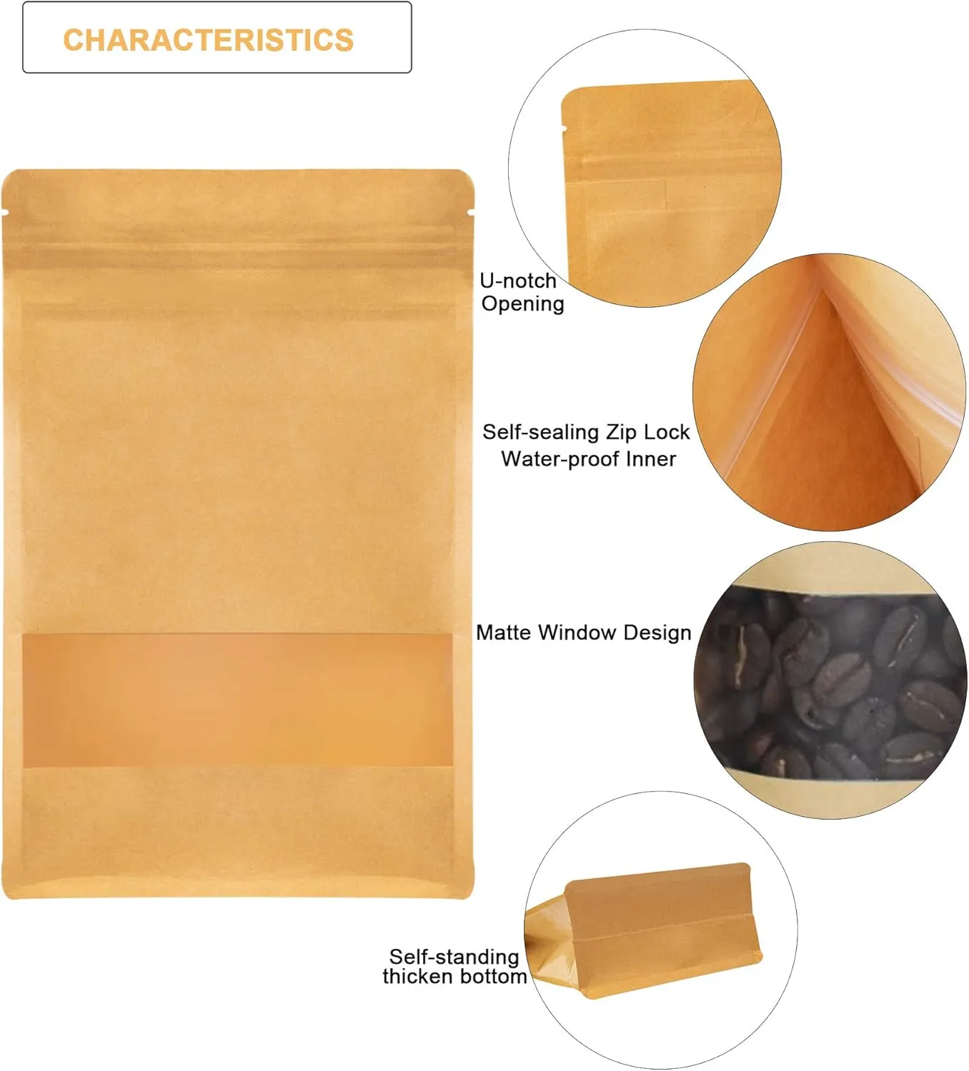 Stand Up Kraft Pouch Bags, Reusable Zip Lock Sealing & Notch Matte Transparent Window Bags, Resealable Zip Lock Food Storage Bag,11x7   3.14 Inches, Pack of 50