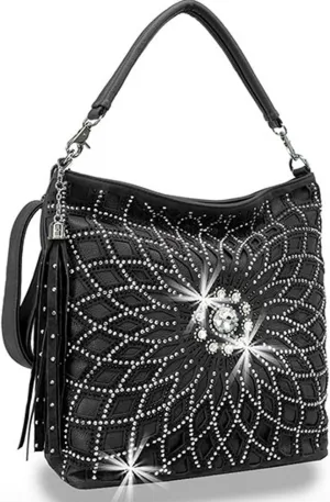 Star Flower Rhinestone Large Hobo Bag with Shoulder Strap