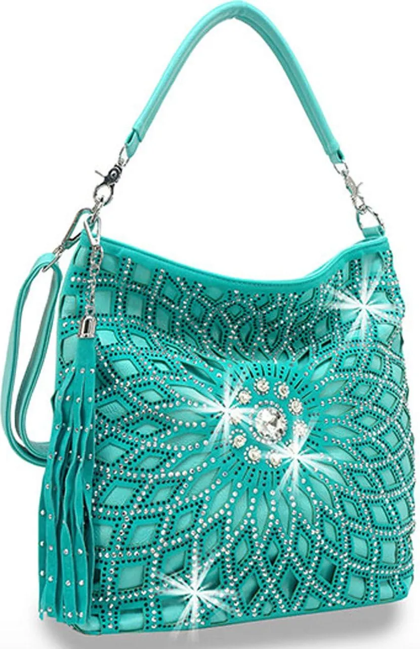 Star Flower Rhinestone Large Hobo Bag with Shoulder Strap