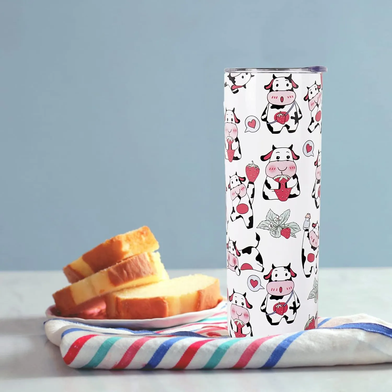 Strawberry Cow Print Tumbler-20 oz Skinny Tumbler with Lid and Straw-Cow Gifts for Women, Birthday Gifts for Women-Strawberry Decor, Insulated Cow Tumbler,Cute Cups,Cute Tumbler