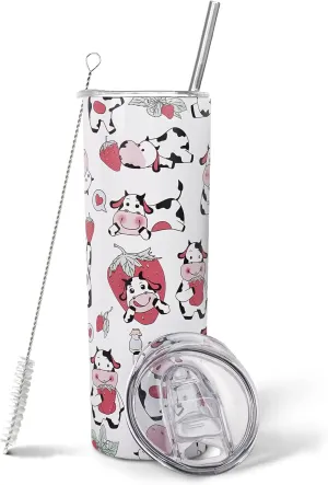 Strawberry Cow Print Tumbler-20 oz Skinny Tumbler with Lid and Straw-Cow Gifts for Women, Birthday Gifts for Women-Strawberry Decor, Insulated Cow Tumbler,Cute Cups,Cute Tumbler