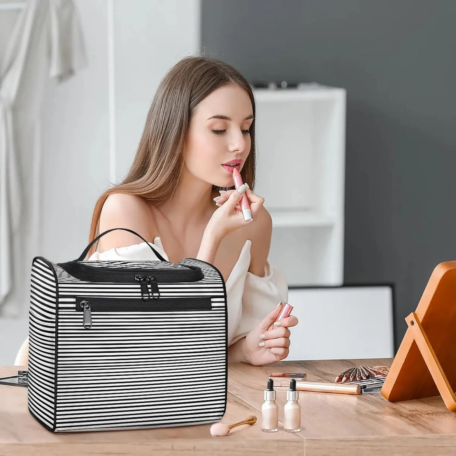 Stripe Abstract Geometric Large Makeup Bag Travel Make Up Organizer for Women Girls Cosmetic Bag Organizer With Handle