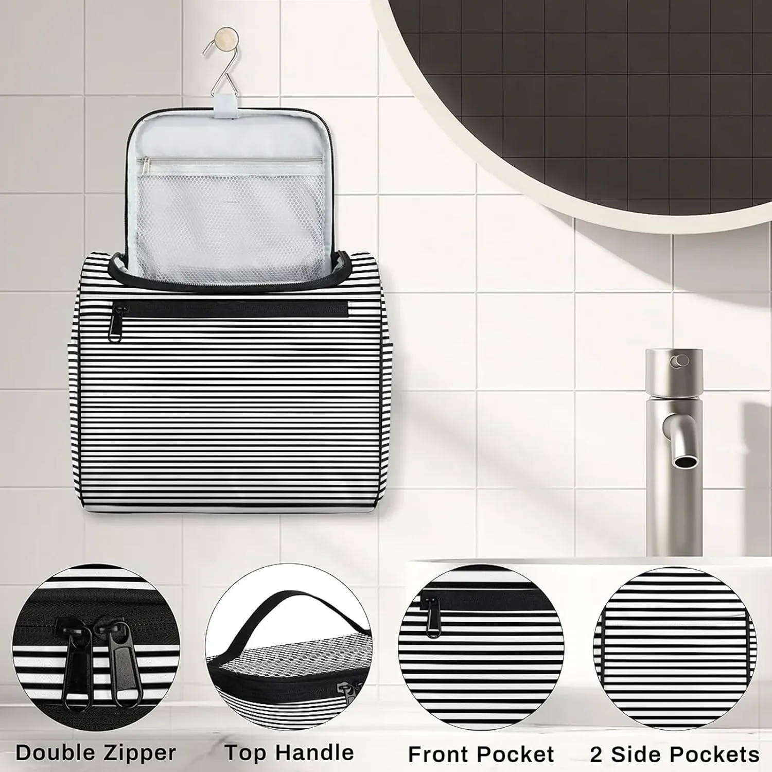 Stripe Abstract Geometric Large Makeup Bag Travel Make Up Organizer for Women Girls Cosmetic Bag Organizer With Handle