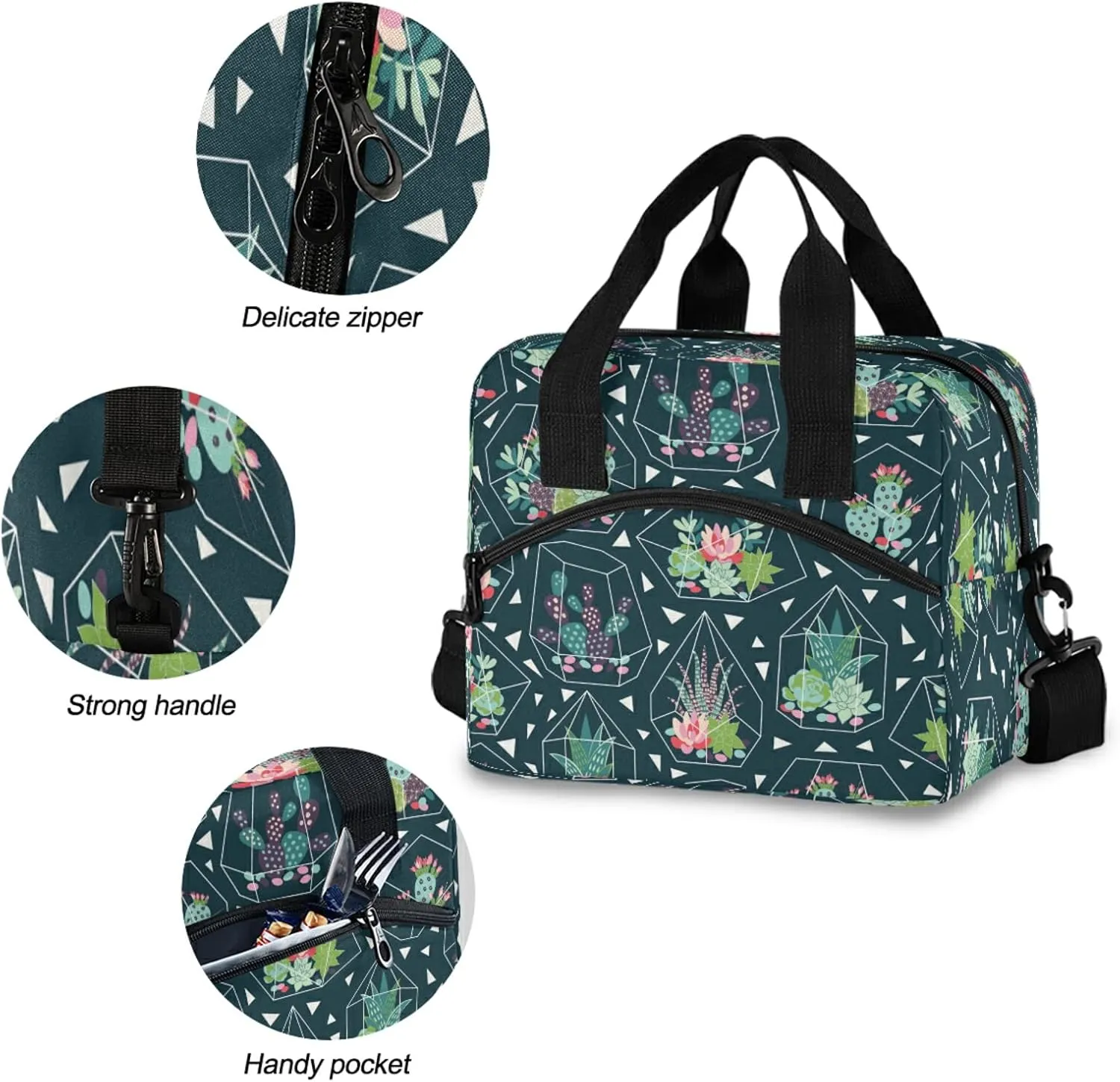 Succulents Flower Cactus Geometric Lunch Bag Reusable Lunch Tote Bag Thermal Cooler Bag Insulated Lunch Box with Adjustable Shoulder Strap for Office School Outdoor Picnic