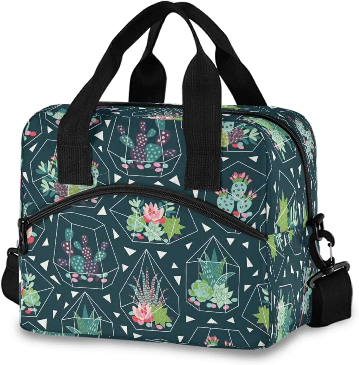 Succulents Flower Cactus Geometric Lunch Bag Reusable Lunch Tote Bag Thermal Cooler Bag Insulated Lunch Box with Adjustable Shoulder Strap for Office School Outdoor Picnic