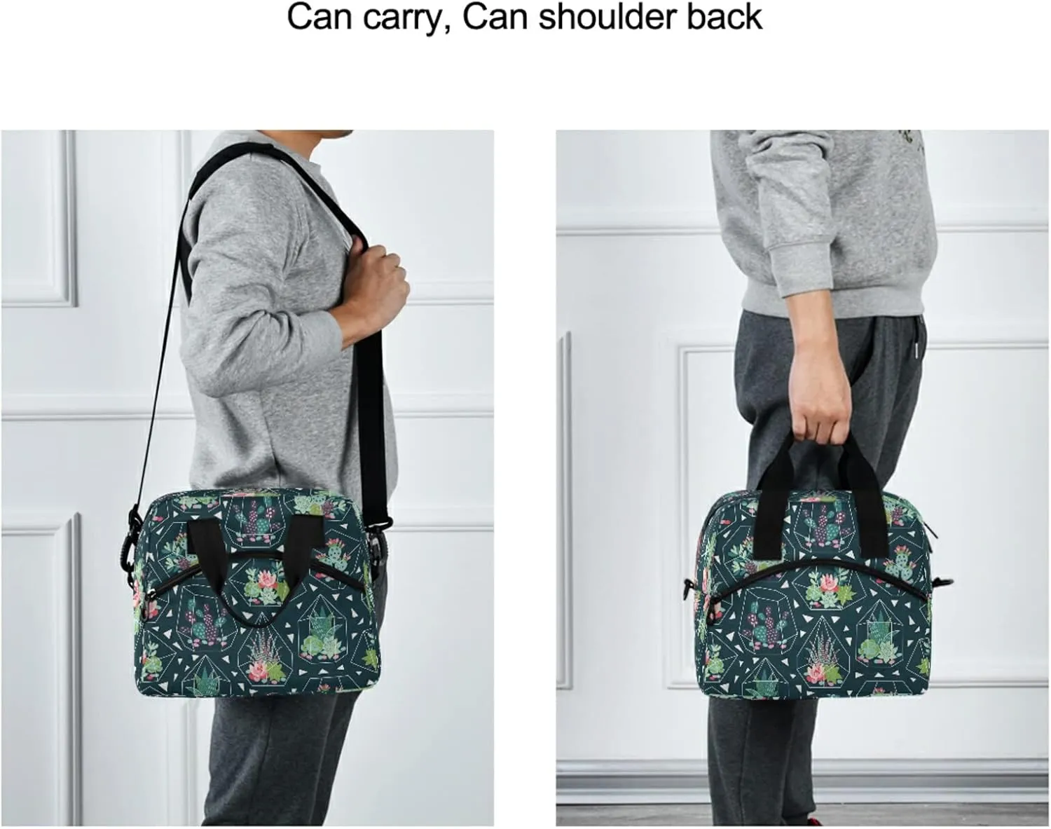 Succulents Flower Cactus Geometric Lunch Bag Reusable Lunch Tote Bag Thermal Cooler Bag Insulated Lunch Box with Adjustable Shoulder Strap for Office School Outdoor Picnic