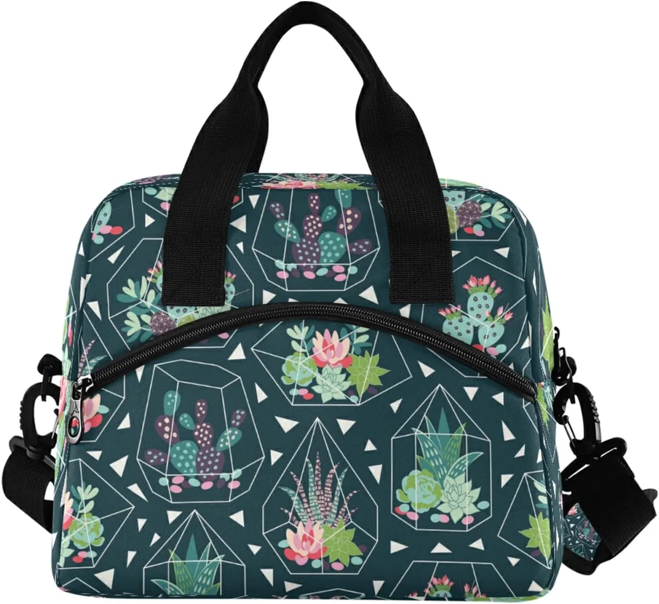Succulents Flower Cactus Geometric Lunch Bag Reusable Lunch Tote Bag Thermal Cooler Bag Insulated Lunch Box with Adjustable Shoulder Strap for Office School Outdoor Picnic