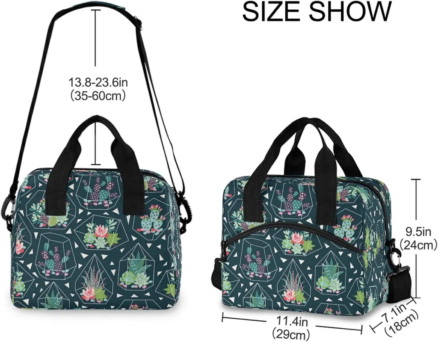 Succulents Flower Cactus Geometric Lunch Bag Reusable Lunch Tote Bag Thermal Cooler Bag Insulated Lunch Box with Adjustable Shoulder Strap for Office School Outdoor Picnic