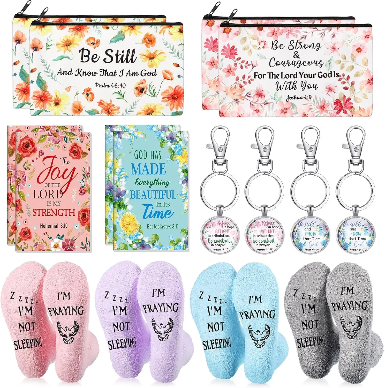 Suhine 16 Pcs Christian Gift Set 4 Pairs Funny Praying Socks 4 Prayers Bible Verse Makeup Bags 4 Inspirational Notepads with 4 Religious Keychain Thank You Gift for Women on Christmas Birthday Day