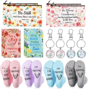 Suhine 16 Pcs Christian Gift Set 4 Pairs Funny Praying Socks 4 Prayers Bible Verse Makeup Bags 4 Inspirational Notepads with 4 Religious Keychain Thank You Gift for Women on Christmas Birthday Day