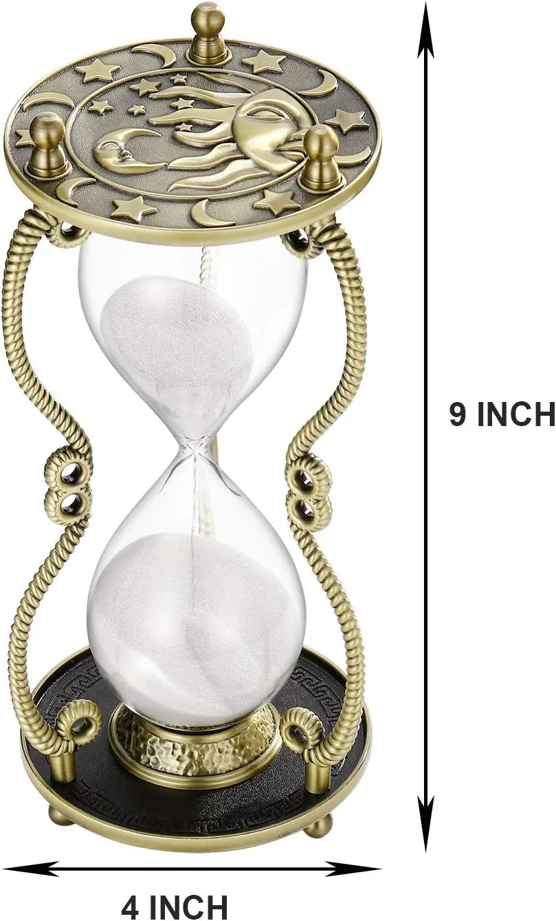 SuLiao Hourglass Sand Timer 60 Minute:Sun and Moon Engraving Brass Sand Clock, Metal White Sand Watch 60 Min,Antique Reloj De Arena 60 Minuots,Large 1 Hour Glass Sandglass for Gift Office Desk Decor