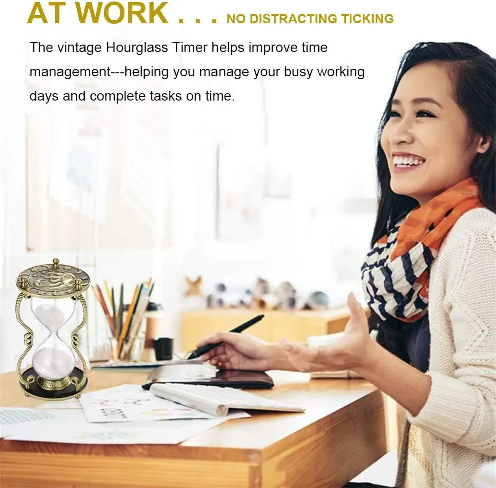 SuLiao Hourglass Sand Timer 60 Minute:Sun and Moon Engraving Brass Sand Clock, Metal White Sand Watch 60 Min,Antique Reloj De Arena 60 Minuots,Large 1 Hour Glass Sandglass for Gift Office Desk Decor