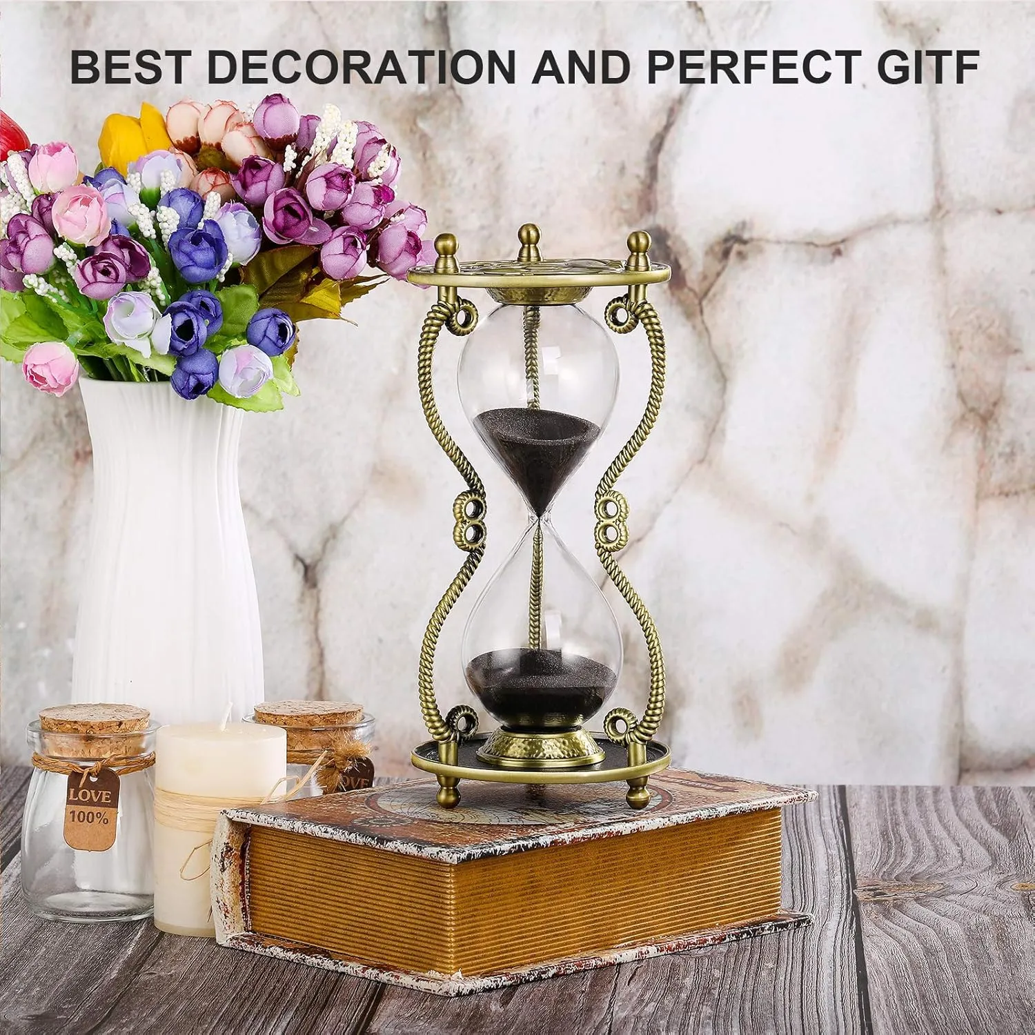 SuLiao Hourglass Sand Timer 60 Minute:Sun and Moon Engraving Brass Sand Clock, Metal White Sand Watch 60 Min,Antique Reloj De Arena 60 Minuots,Large 1 Hour Glass Sandglass for Gift Office Desk Decor