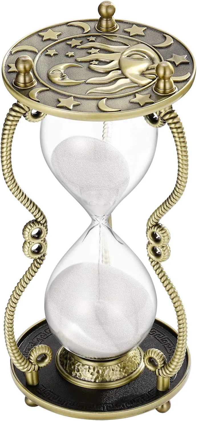 SuLiao Hourglass Sand Timer 60 Minute:Sun and Moon Engraving Brass Sand Clock, Metal White Sand Watch 60 Min,Antique Reloj De Arena 60 Minuots,Large 1 Hour Glass Sandglass for Gift Office Desk Decor
