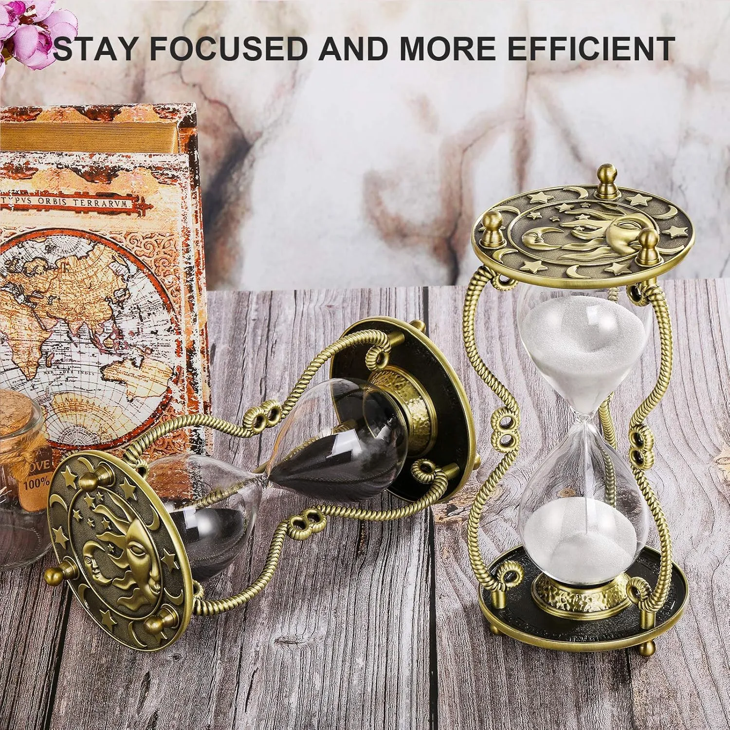 SuLiao Hourglass Sand Timer 60 Minute:Sun and Moon Engraving Brass Sand Clock, Metal White Sand Watch 60 Min,Antique Reloj De Arena 60 Minuots,Large 1 Hour Glass Sandglass for Gift Office Desk Decor