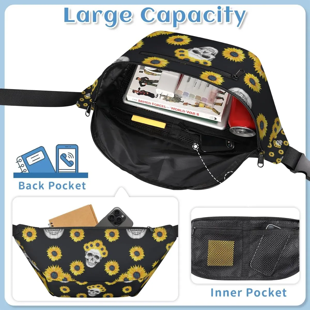 Sunflower Skull Sling Bag Crossbody Backpack Chest Daypack for Women Sport Travel Hiking Casual Bag Multipurpose Waist Pack With Zipper Closure Adjustable Strap Shoulder Bag