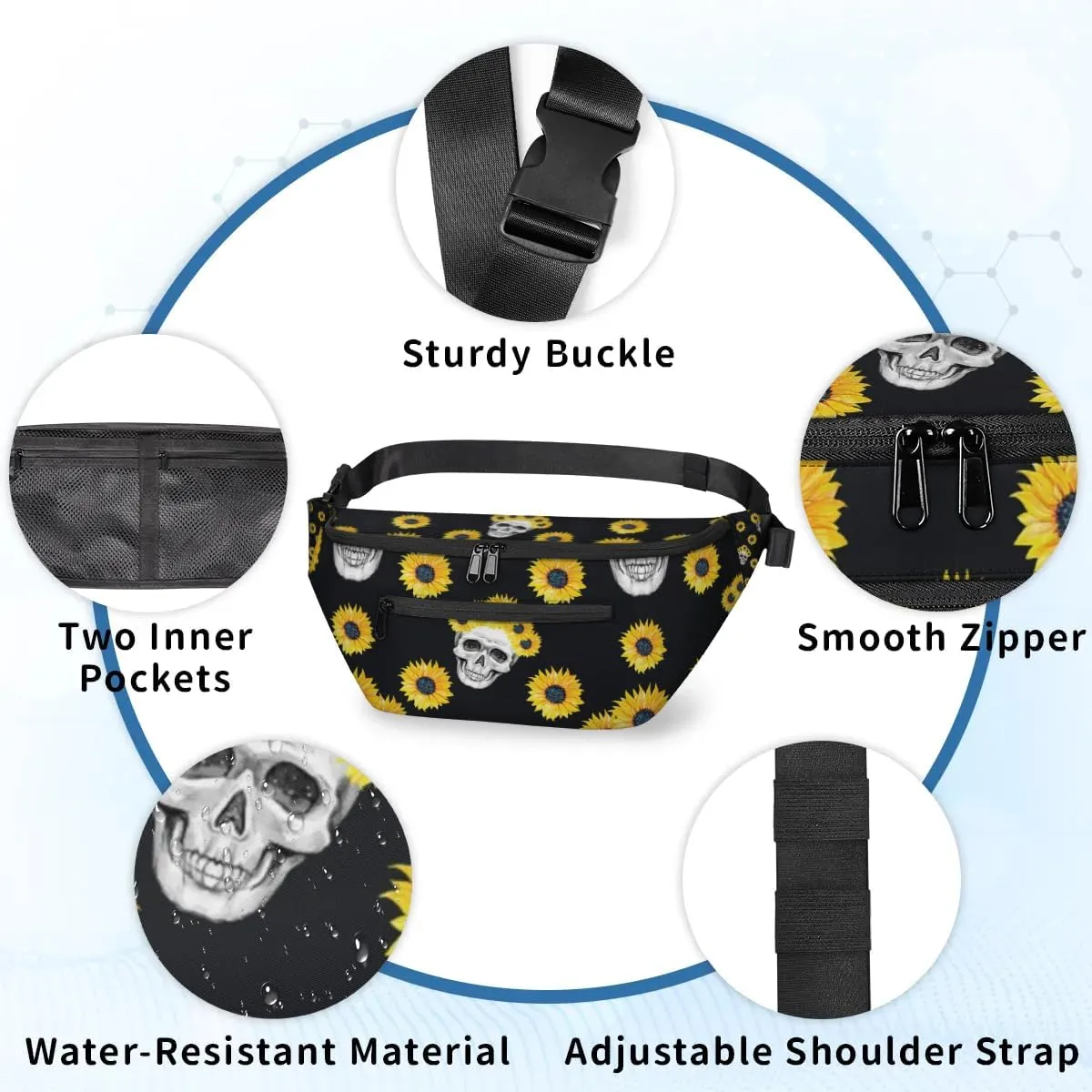 Sunflower Skull Sling Bag Crossbody Backpack Chest Daypack for Women Sport Travel Hiking Casual Bag Multipurpose Waist Pack With Zipper Closure Adjustable Strap Shoulder Bag