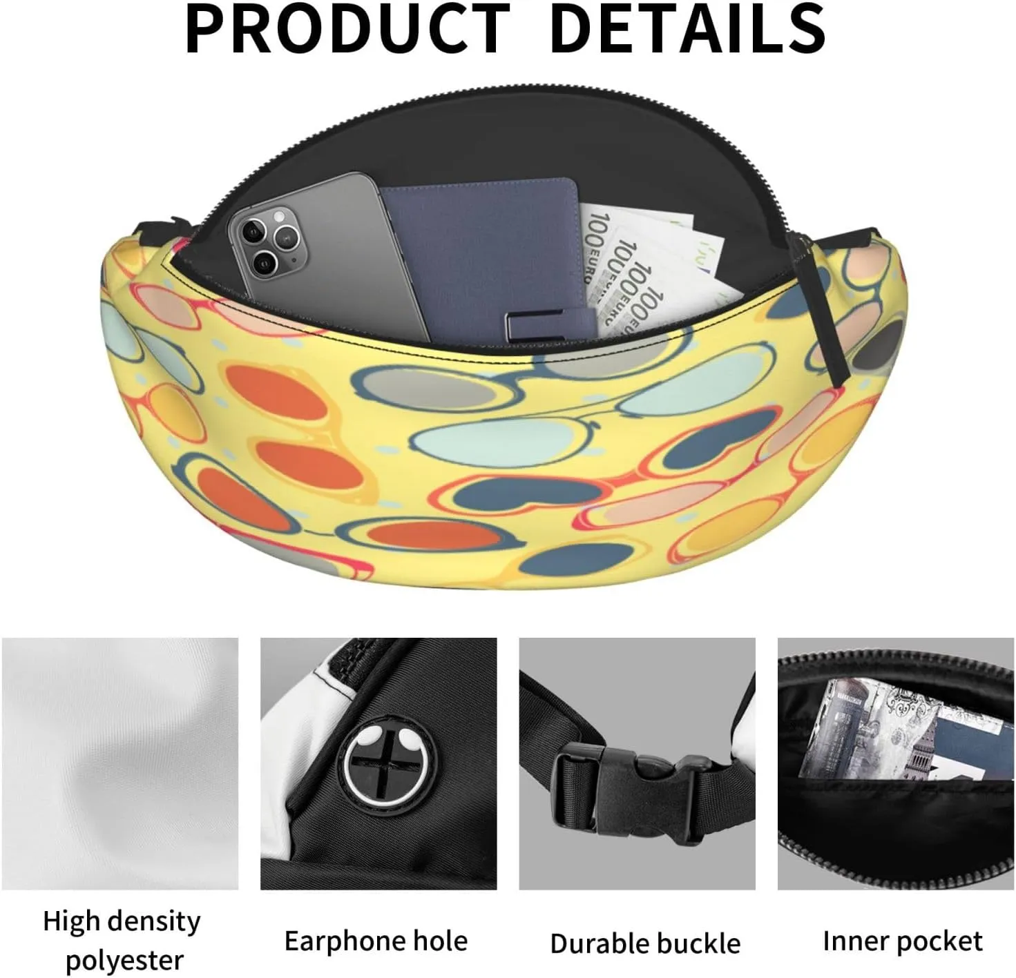 Sunglasses Yellow Fanny Pack, Crossbody Waist Packs for Women Men Waist Bags with Adjustable Strap for Travel Running Hiking Sport
