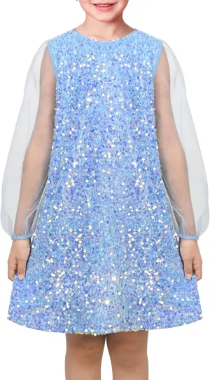 Sunny Fashion Girls Dress Black Sequin Sheer Mesh Long Sleeve Party Elegant Ball Gown