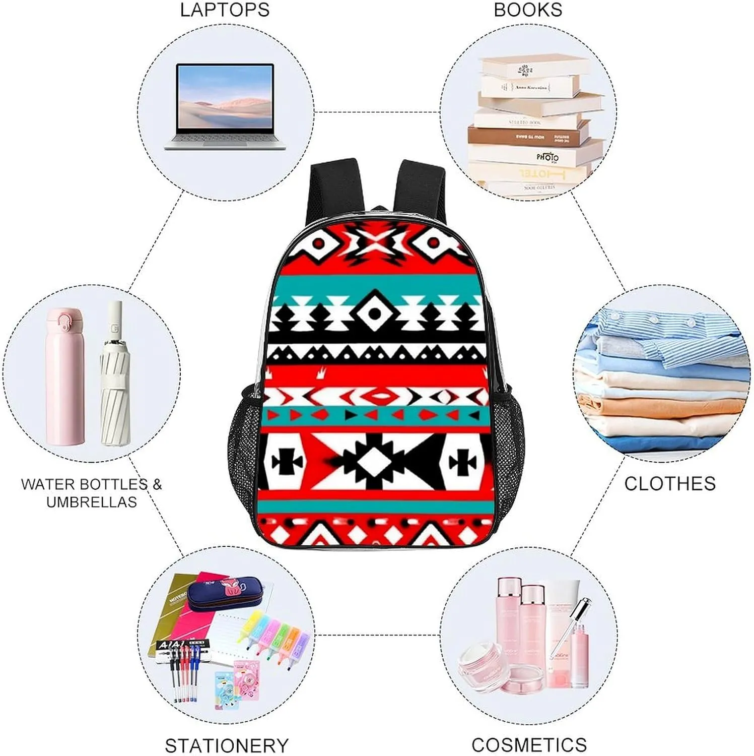 Supdreamc Daypack Bookbag Multipurpose Anti-Theft Big Capacity Carry On Bag - Geometric Indiana Western Southwest Tribal Ethnic Aztec Red Turquoise Travel Hiking & Camping Rucksack Transparent Bag