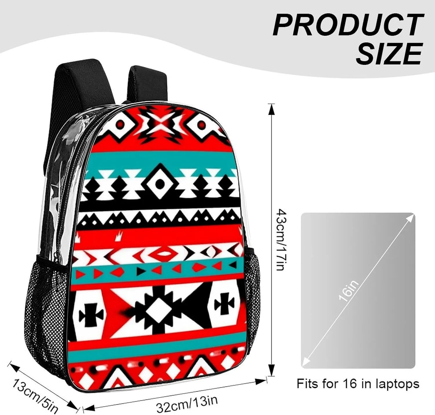 Supdreamc Daypack Bookbag Multipurpose Anti-Theft Big Capacity Carry On Bag - Geometric Indiana Western Southwest Tribal Ethnic Aztec Red Turquoise Travel Hiking & Camping Rucksack Transparent Bag